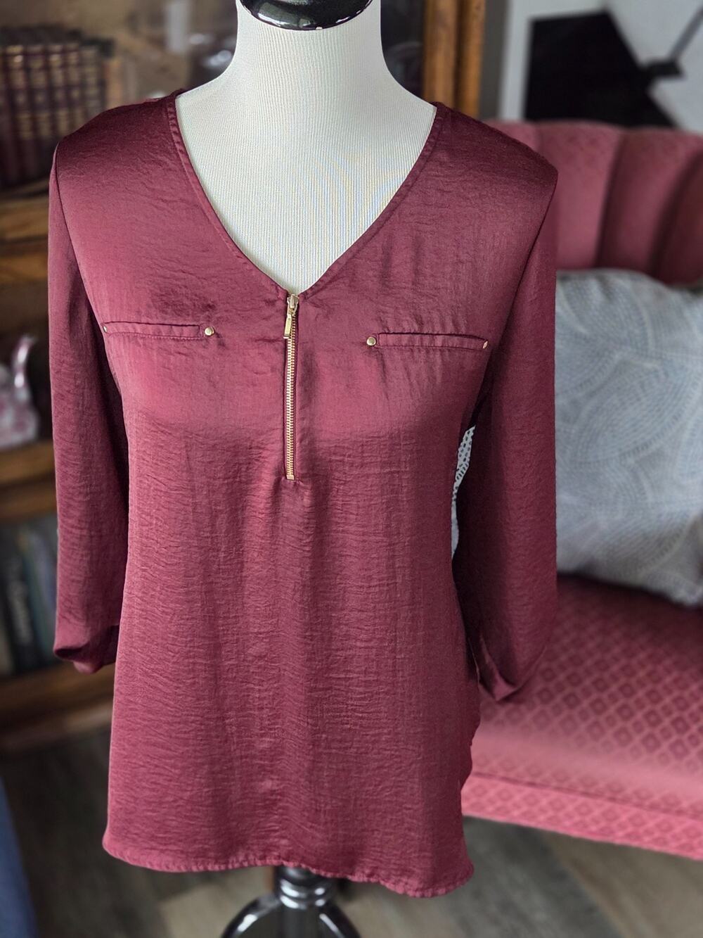 Apt. 9 Women's XL Blouse Burgundy Maroon Gold Zip workwear fall fashion office
